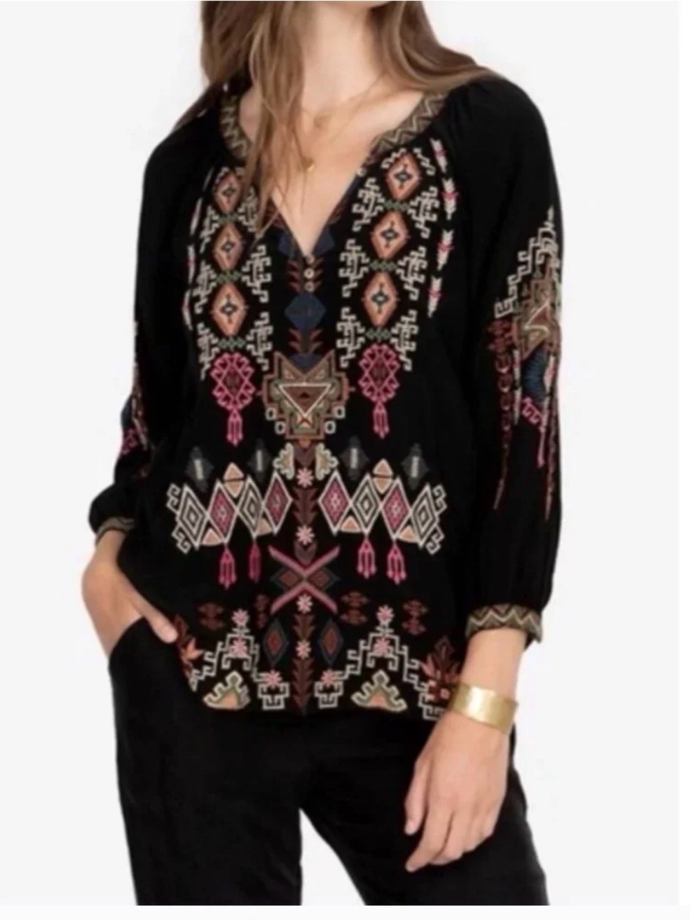 Johnny Was Black Embroidered Boho V-Neck Blouse with Pink and Cream Accents